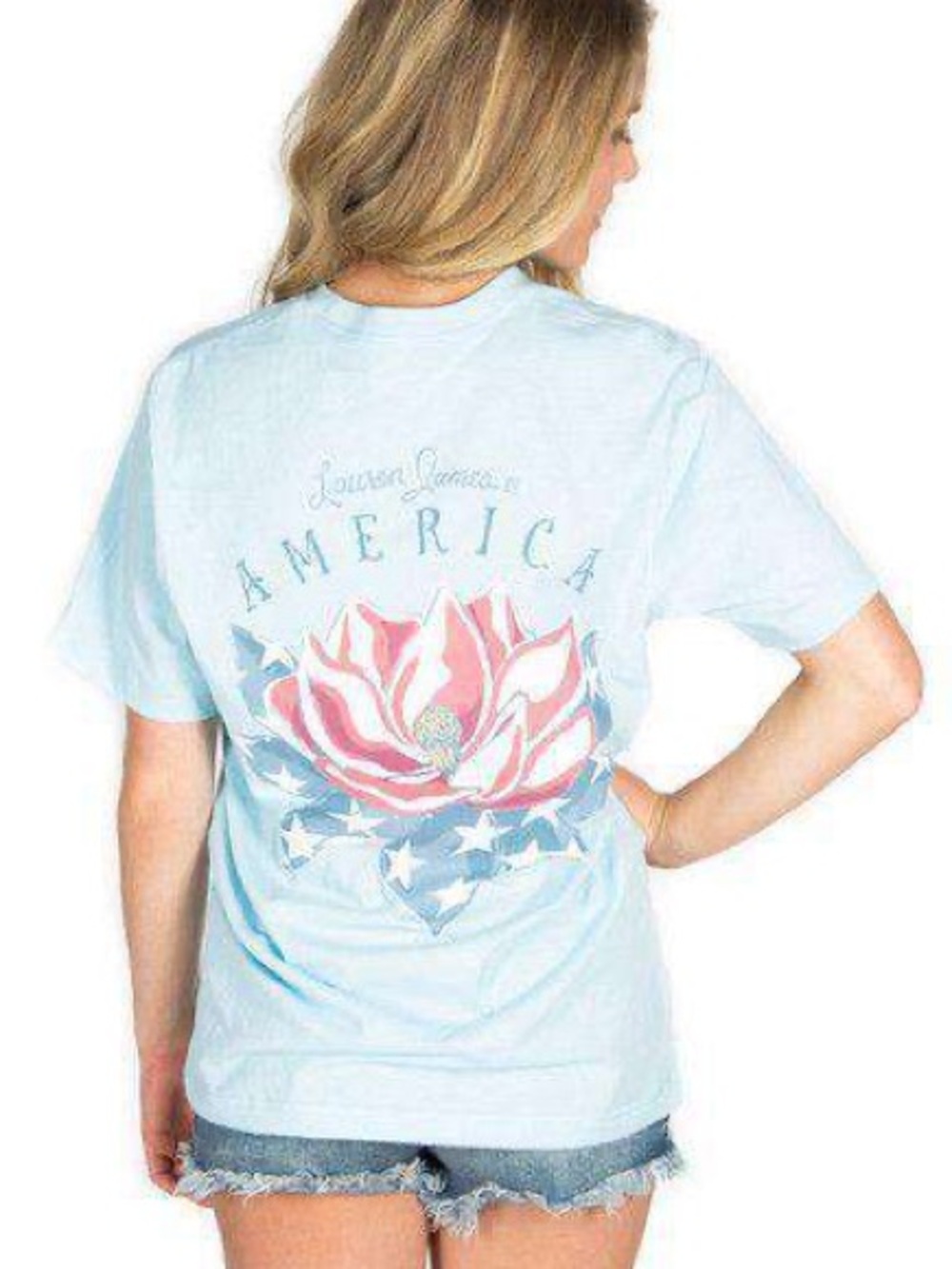 Lauren James Light Blue Tee with Pink Floral 'America' Back Graphic